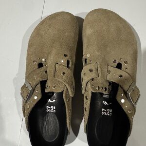 Birkenstock Tan Suede Buckle Mules